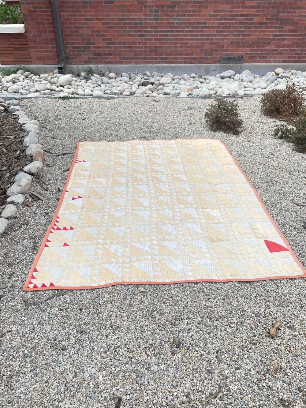 Beige and Red Triangle Patchwork Quilt - Classic Handmade Design